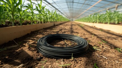 Tidy coil of  cm micro PE tubing laid out in greenhouse