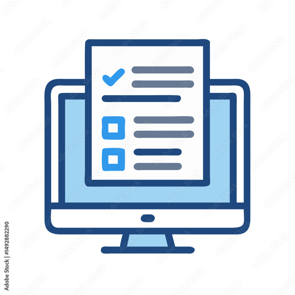 Poster online survey on computer screen with checkmark and boxes
