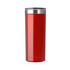 A red insulated tumbler with a silver lid and base against a black background in a studio shot on transparent background