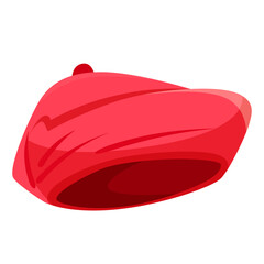 Fashionable red beret hat in a cartoon graphic style isolated on a clean white background. Concept of classic fashion accessory. Vector illustration