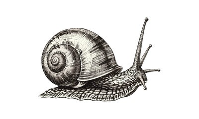 Antique Engraving of Snail Crawling Slowly, Hand-drawn Mollusk Illustration, Vintage Nature Sketch, Retro Etching of Slow-moving Invertebrate, Black Sketch, Old Engraving Style,