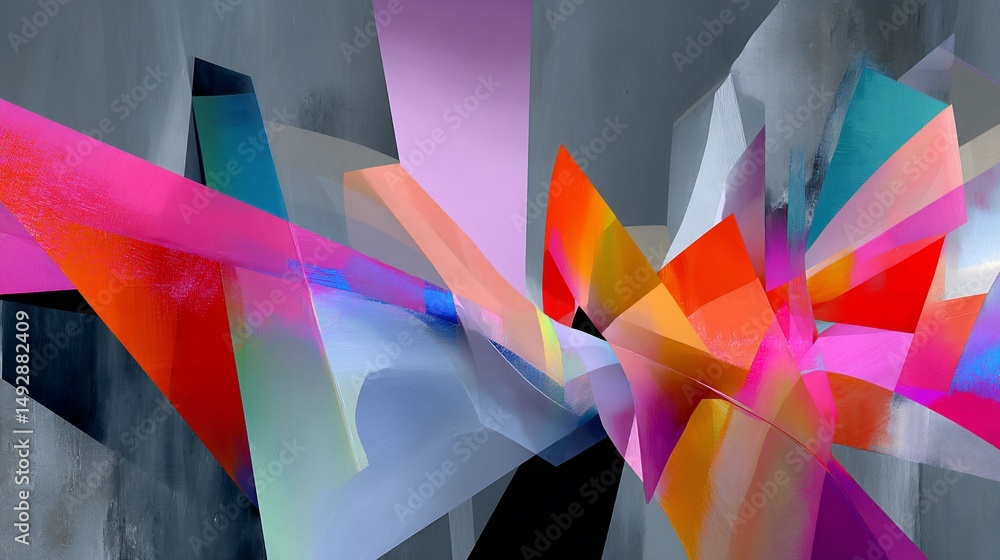 Poster abstract geometric composition of vibrant, overlapping shapes in a dynamic arrangement.