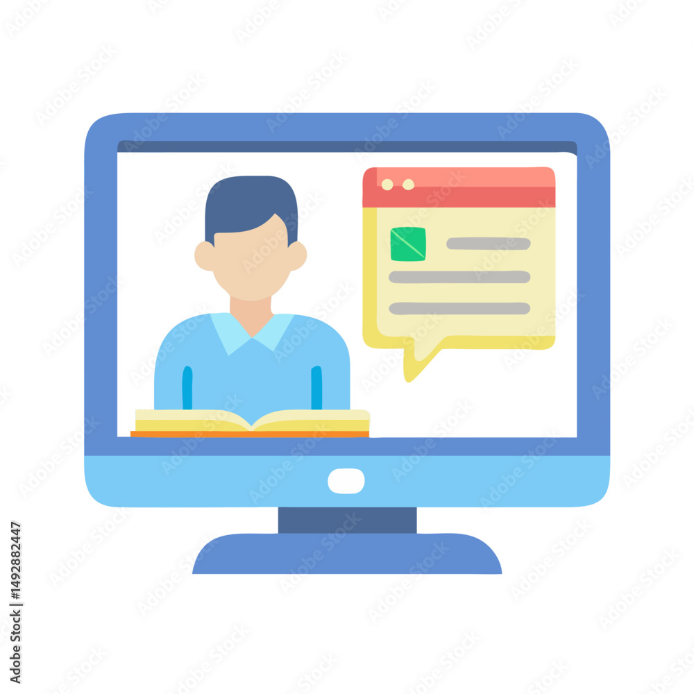 Poster online learning concept with tutor and interactive lesson window