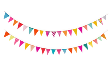 Two rows of colorful triangular party flags strung on a white string against a black background space for text on transparent background