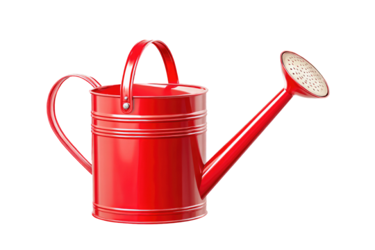 A shiny red watering can with a long spout and handle isolated on a black background for gardening use on transparent background