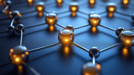 Abstract network structure with glowing nodes.  Metallic spheres interconnected, showing complex relations