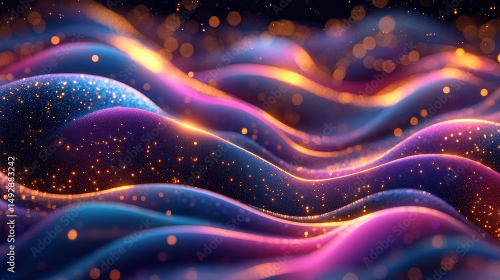 Poster abstract wavy patterns of glowing particles