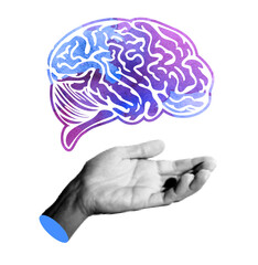 Conceptual Illustration of a Human Brain Floating Above an Open Hand, Combining a Watercolor Neural Design with a Halftone Photographic Effect