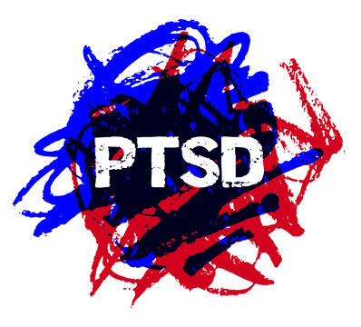 Abstract Artistic Representation of PTSD with Chaotic Red and Blue Brush Strokes Surrounding Bold White Text