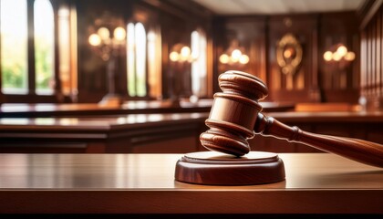 wooden judge gavel on a table in a courtroom