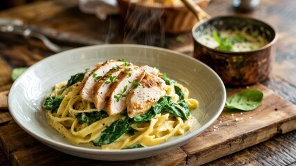 Chicken florentine pasta with creamy fettuccine noodles, grilled chicken slices and wilted spinach served in white ceramic bowl on rustic wooden serving board