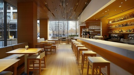 spacious and open cafe with long wooden tables and tall, comfortable bar stools along the bar counter.