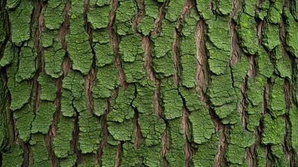 Detailed close-up of green textured bark with unique patterns and natural surface design elements