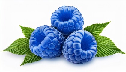 three juicy cool blue raspberries with leaf isolated on a transparent background