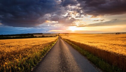 Fototapeta premium sunset over country road with golden fields and dramatic sky