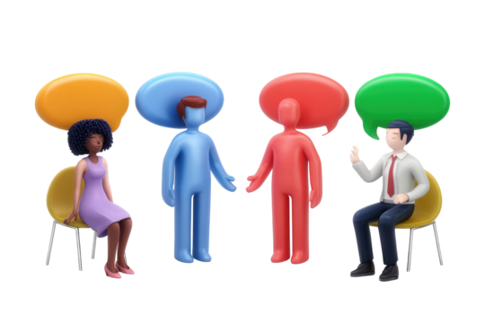 Four figures with speech bubbles in different colors sitting and standing in a circle on black background on transparent background