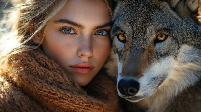 Woman and wolf close-up