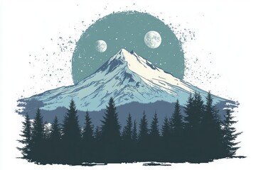 Majestic mountain peak, silhouetted forest, and celestial bodies.