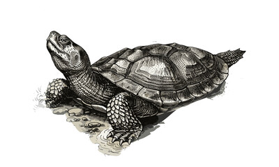 Monochrome Turtle Art, Antique Reptile Engraving, Pond Wildlife Etching, Hand-drawn Rustic Illustration, Old Nature Sketch, Vintage Fauna Design, black ink animal wall art
