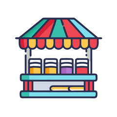 Colorful fairground booth icon with awning and jars