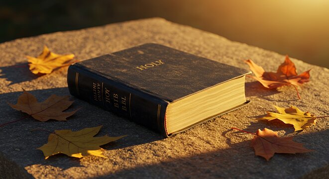 Holy Bible with Autumn Leaves on Stone Surface