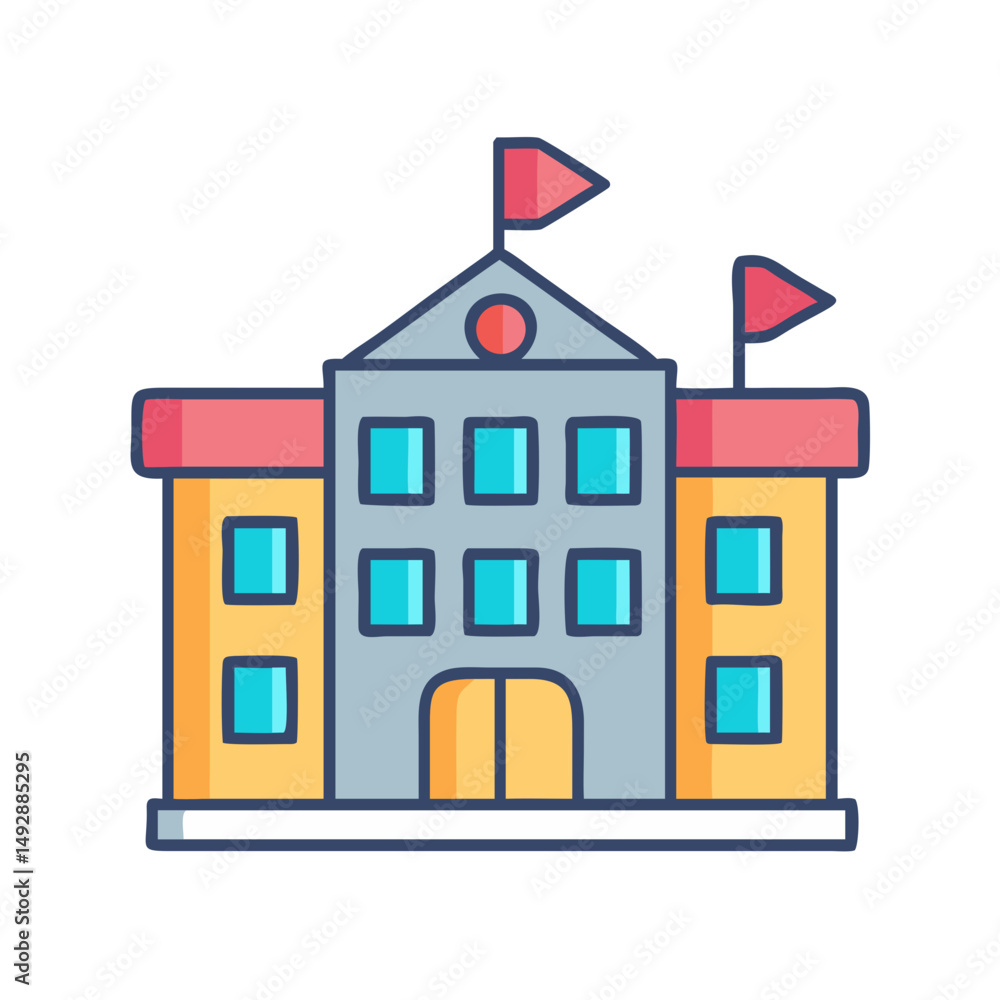 Poster flat icon of school building with flags and windows