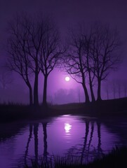 Purple Haze Lake Reflection at Night, Silhouetted Trees and Moon Glow, Tranquil Scene, Dreamy Landscape
