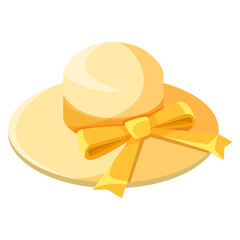 Elegant yellow summer hat with a wide brim and decorative bow, flat graphic style on white background. Concept of fashion and accessories. Vector illustration