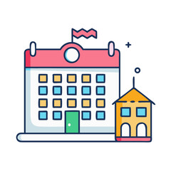 School calendar and building icon in flat vector design