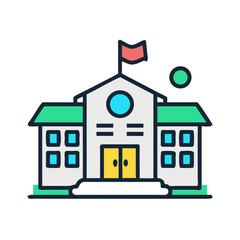 School Building Icon Illustration With Flag and Decorative Circle