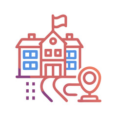 Stylized schoolhouse icon with location pin and path graphic