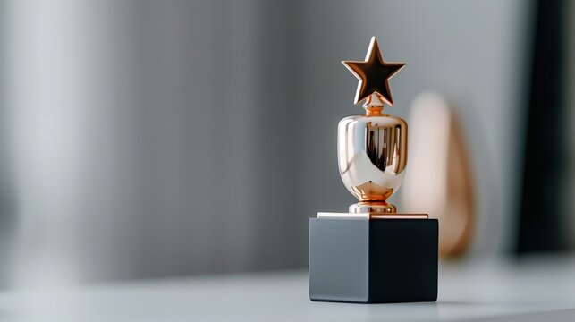 Golden star topped trophy gleaming on white surface, symbolizing professional victory and excellence
