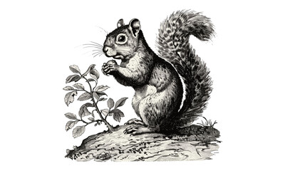Antique Engraving of Squirrel Eating Nut, Vintage Wildlife Etching, Monochrome Mammal Line Art, Rustic Animal Print, Old Engraving Style, Retro Nature Sketch, woodland art