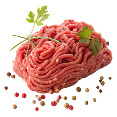 Fresh raw ground beef garnished with herbs and peppercorns sits on transparent background