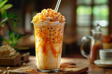 Creamy soy milk latte chilling with caramel drizzle, whipped cream, cookie crumbs crowning cold beverage on sunny afternoon
