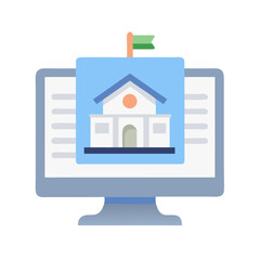 Online education icon showing computer with school building image
