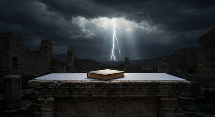 Book with thunderstorm above ruins