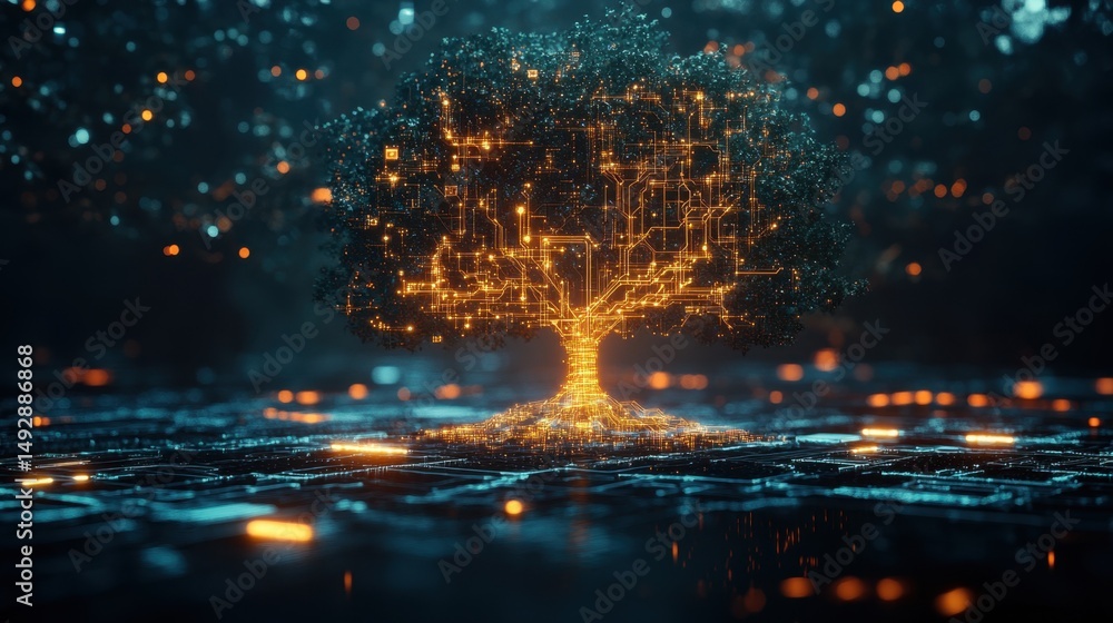 Poster abstract glowing idea tree with circuits and innovation symbols as branches