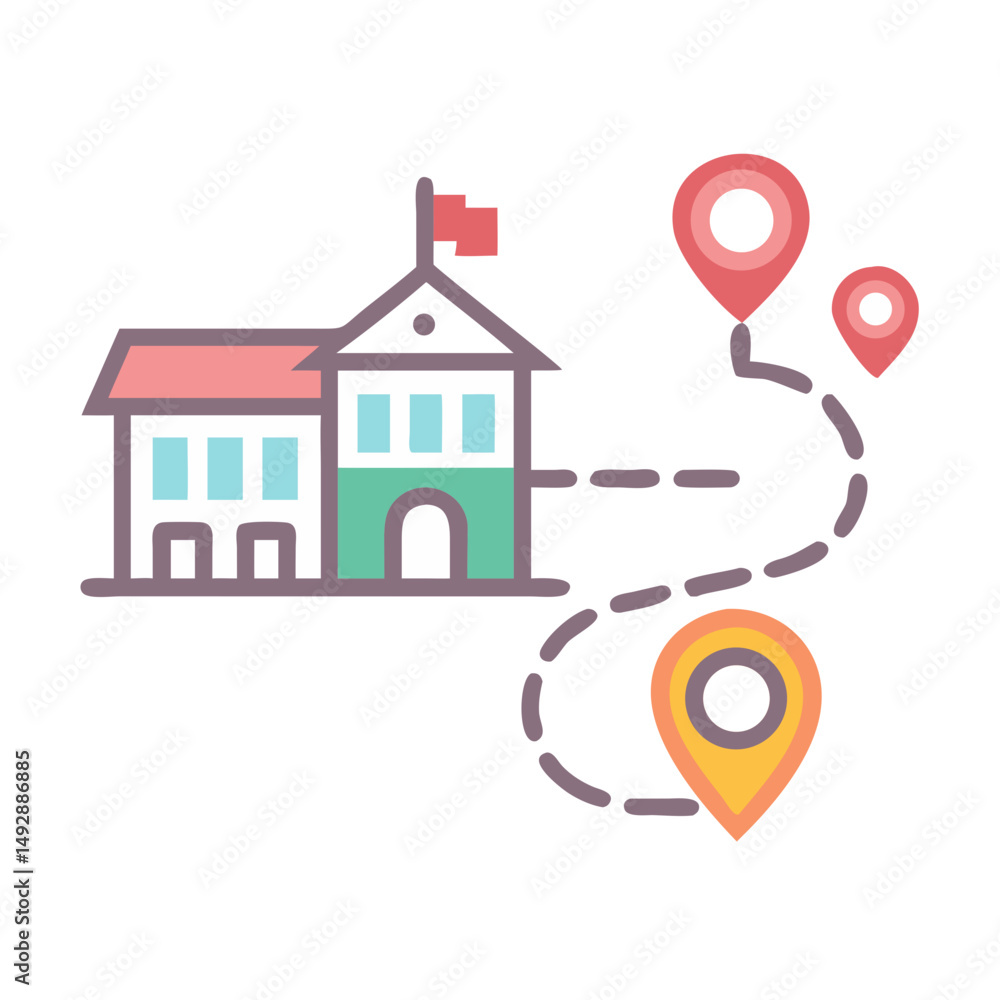 Poster school building with location pointers connected by dashed line