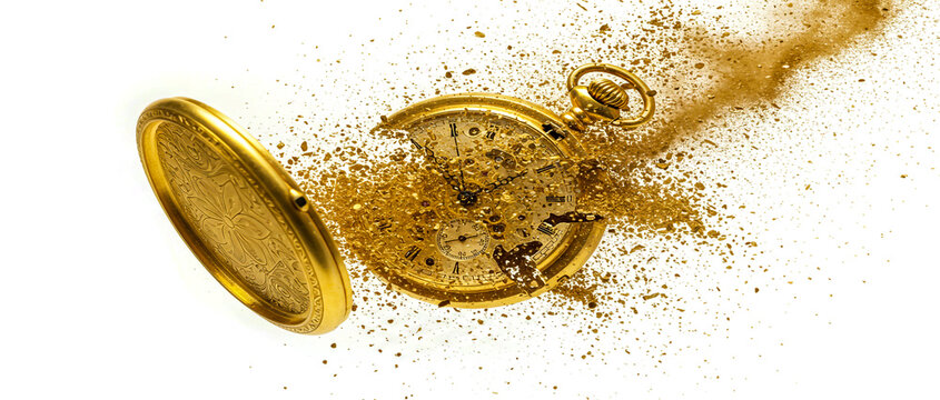 Golden pocket watch exploding into dust time concept