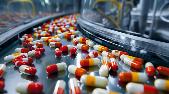 Pharmaceutical pills on conveyor belt, Medicine manufacturing process, Production line of capsules and tablets