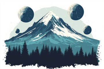 Cosmic mountain landscape with celestial bodies.
