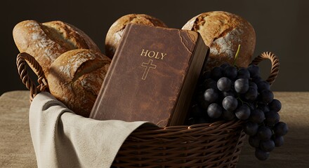 Bread and grapes with holy bible in basket