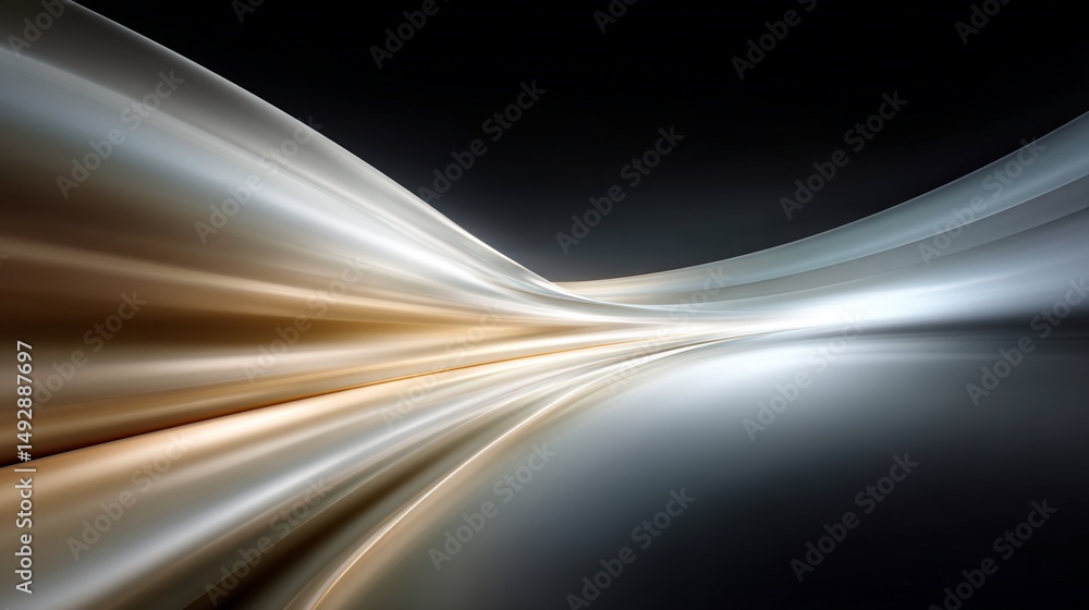 Poster abstract grayscale and gold streaks converging to a light source in a dark background, creating a dy