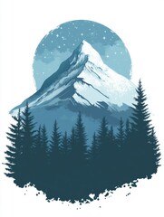 A stylized illustration of a mountain peak above a forested valley at night.