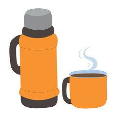 A yellow thermos and a travel mug for tea or coffee. Vector drawing on a white background.