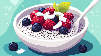 Chia seed pudding with coconut and berries a bowl
