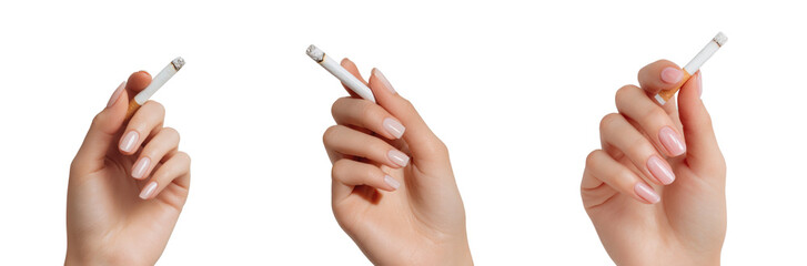 Naklejka premium Close-up of a woman's hand with a perfect manicure holding a cigarette, isolated on a transparent background.