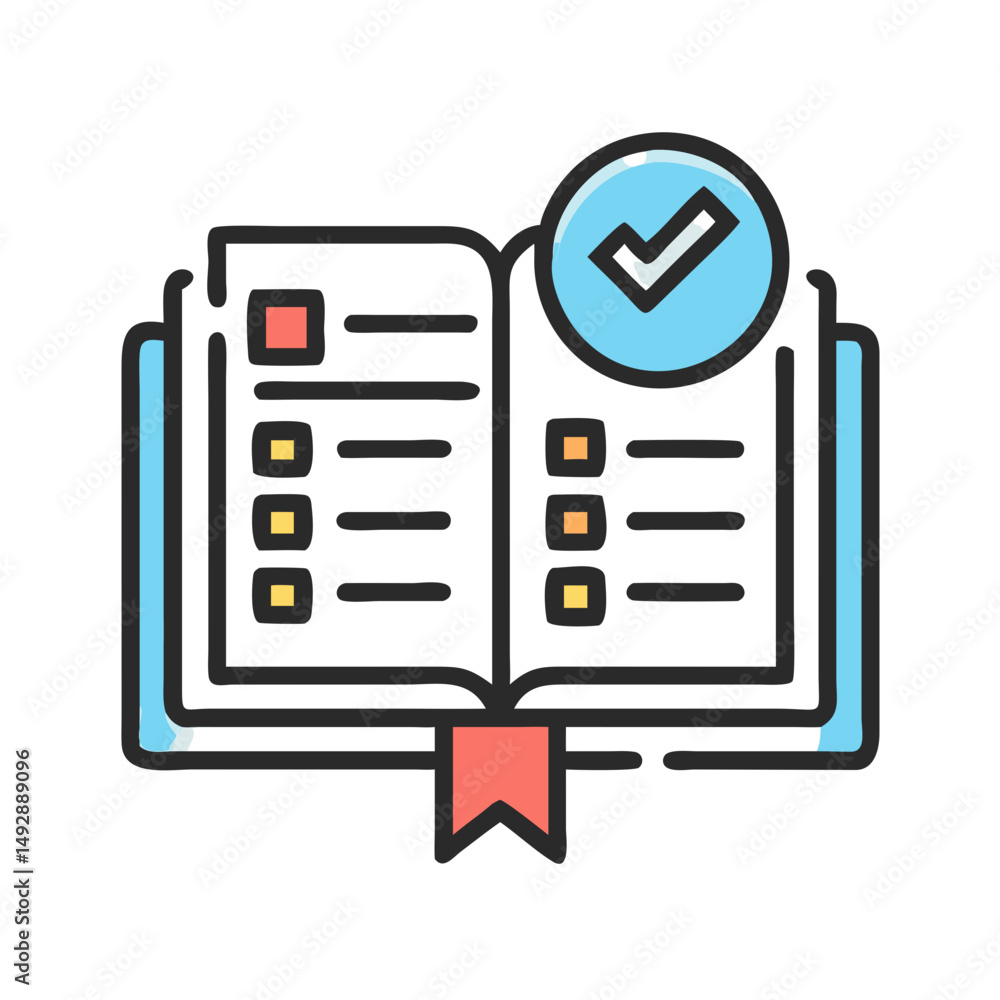 Poster open book with checkmark icon for document completion