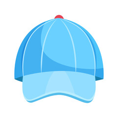 Light blue baseball cap with a red top button, shown in flat cartoon style on white background. Concept of casual fashion accessory. Vector illustration
